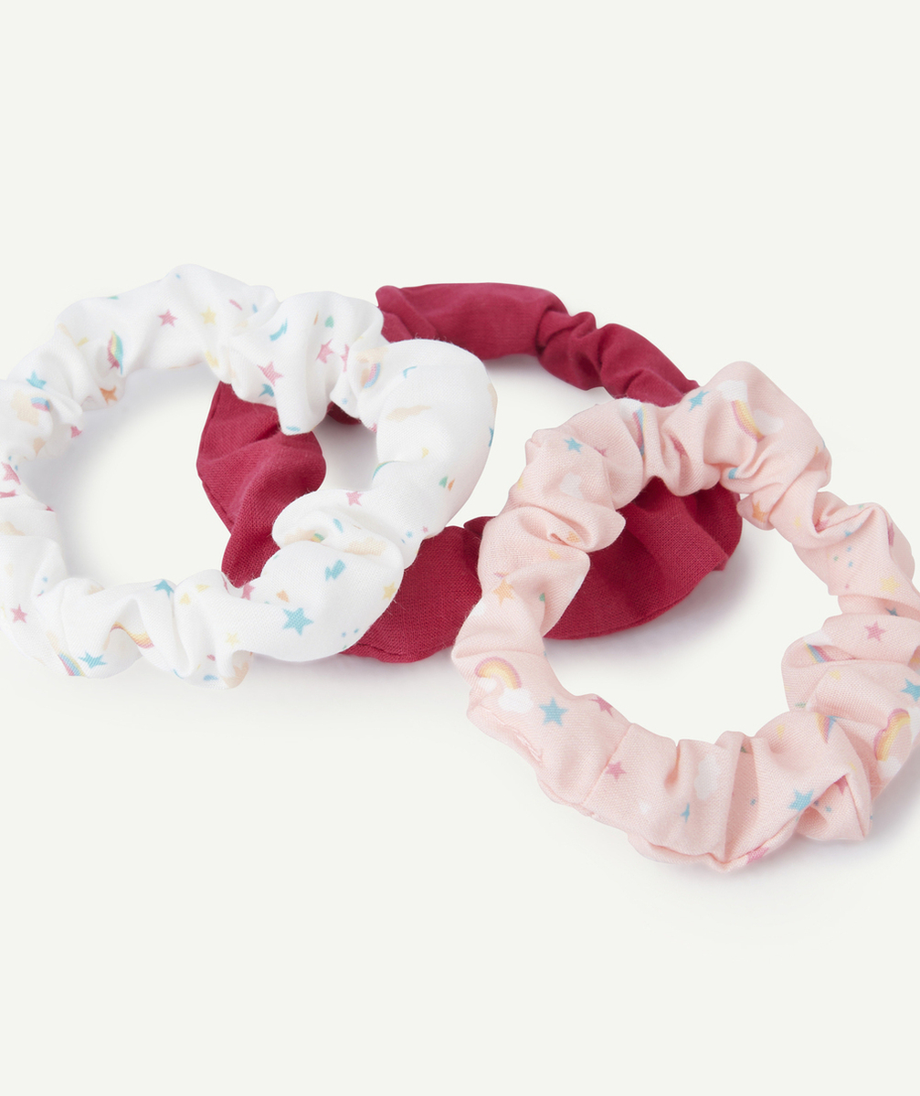 LOT DE 3 CHOUCHOUS BÉBÉ FILLE ROSE ET BLANC AVEC IMPRIMÉ COLORÉ
