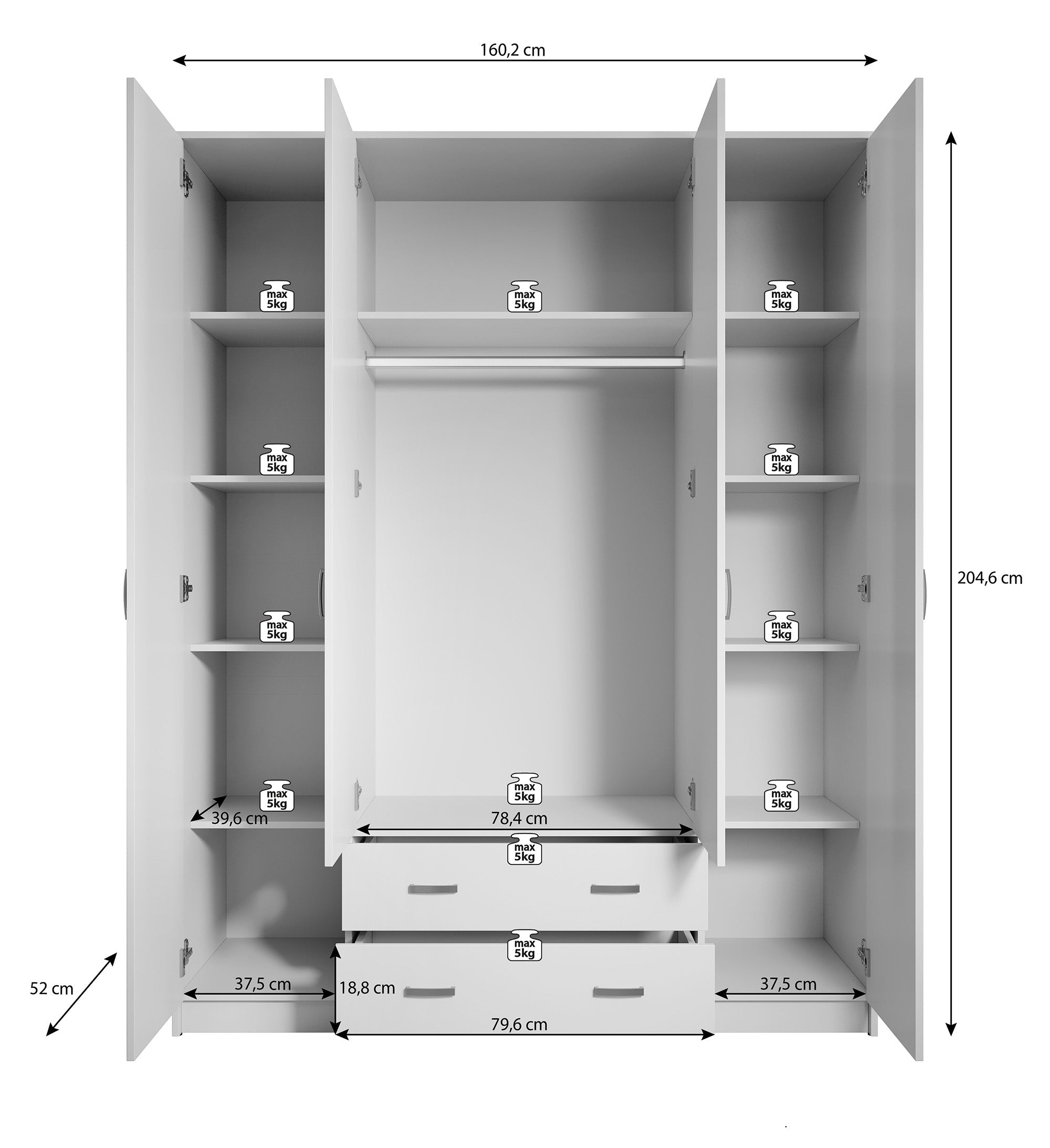 Meubella - Kledingkast Hinto - Wit - 160 cm - Met spiegel