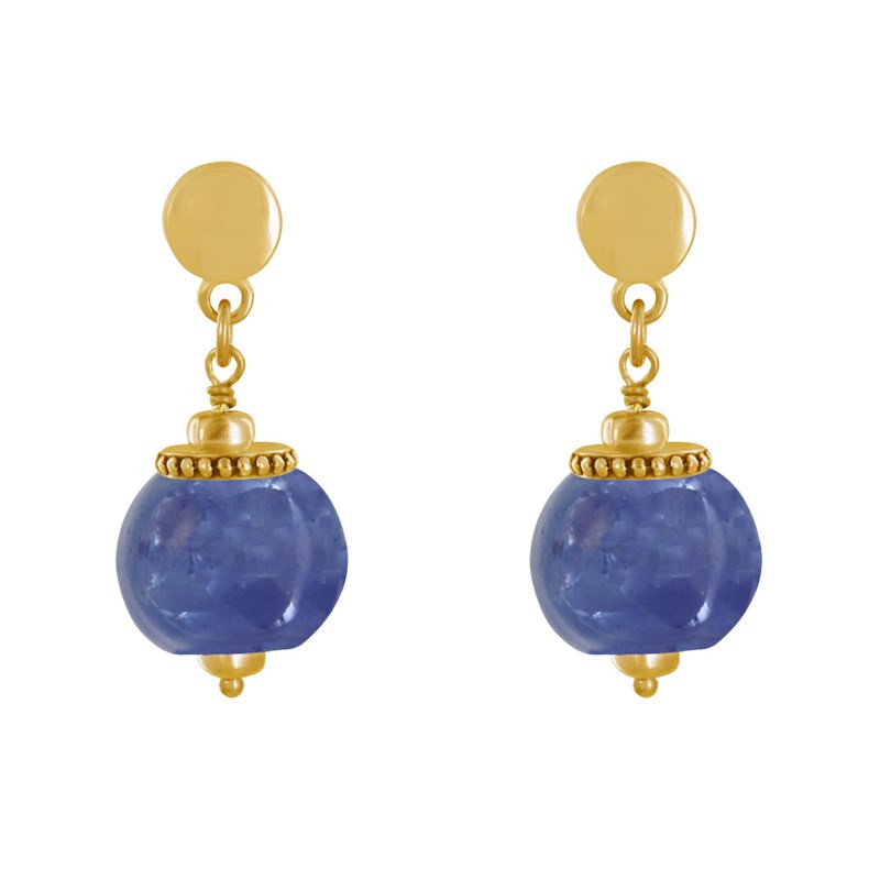 Boucles d'Oreilles Clous Métal Doré et Grosses Perles en Céramique
