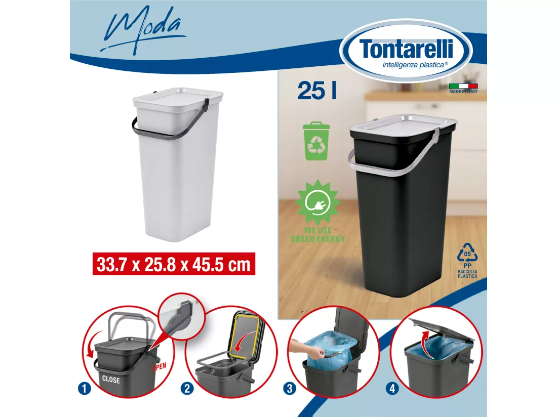 Set de 3 poubelles avec poignée en graphite, sauge et blanc 25L