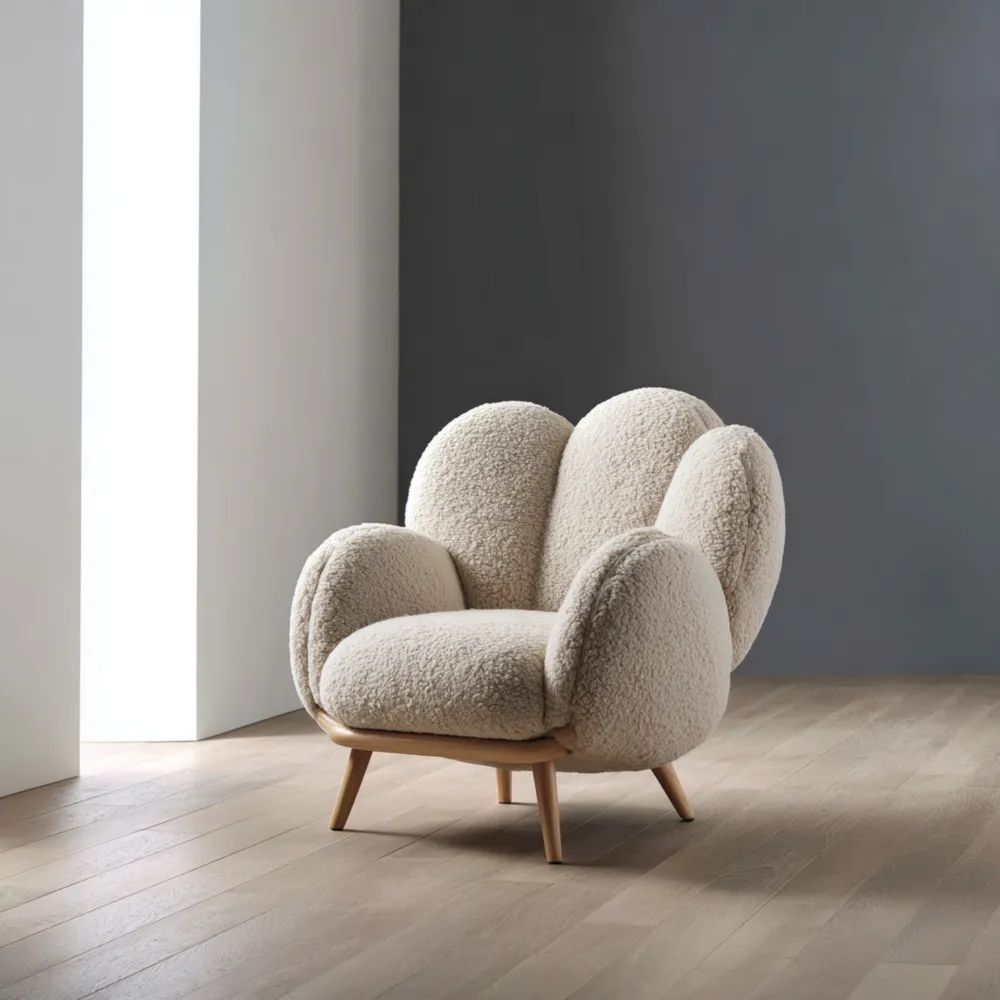 Sessel mit Plüschpolsterung und Holzbeinen 85x80x90 cm – Creme – Skandinavisches Design
