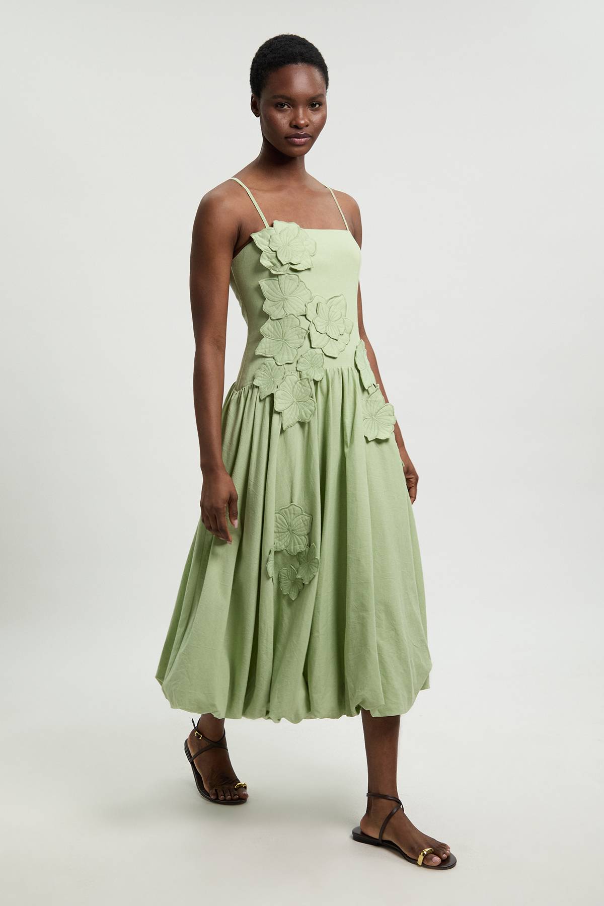 KarenMillen Robe Midi En Coton Lin À Détails Floraux 3D Et Ourlet Bouffant