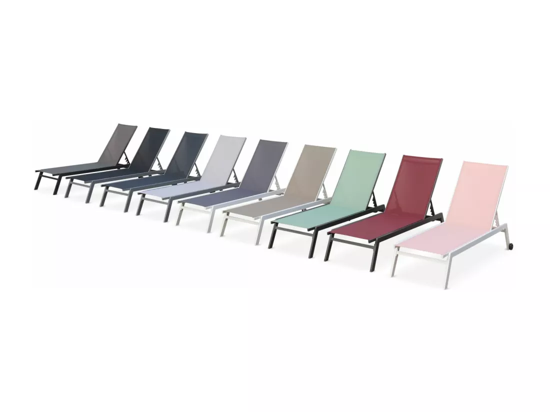 Lot de 2 bains de soleil ELSA en aluminium blanc et textilène gris. transats multi positions avec roulettes
