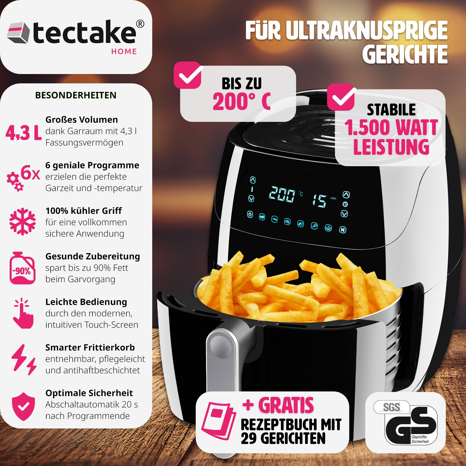 tectake® Heißluftfritteuse, 4,3 l, Timer und Temperatursteuerung, SGS-Zertifikat, inklusive Rezeptheft