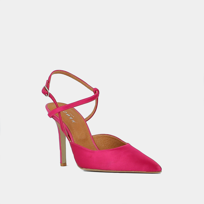 Escarpins pointus à brides  en satin fushia