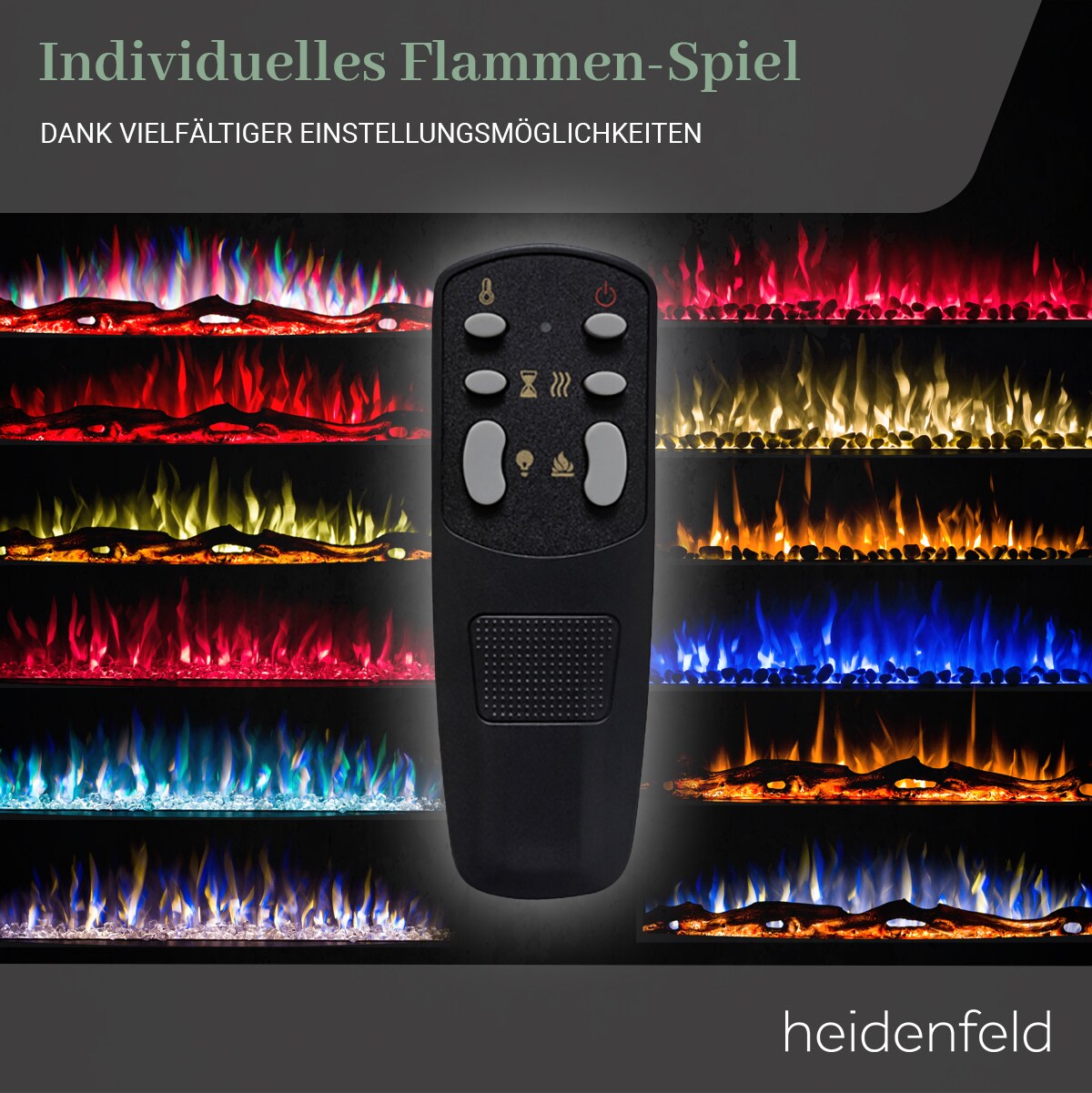 Heidenfeld Elektrokamin HF-WK400, elektrischer Kamin, Curved-Glas, 3D-Flammeneffekt, 2-Level-Heizung