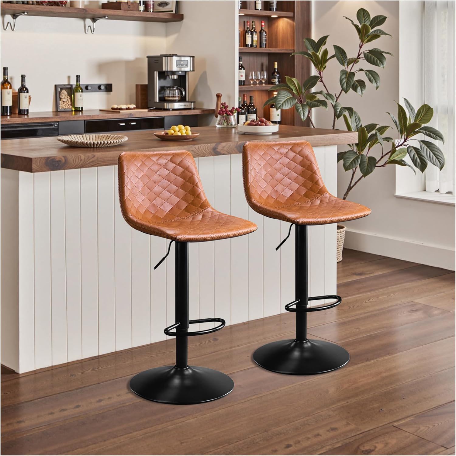 Barhocker 2er Set Höhenverstellbar Barstuhl mit Mikrofaser-Leder, Küchenhocker mit Lehne, Barhocker 360° Drehbar, Tresenhocker 150kg Belastbar für Küche, Esszimmer, Lobby-Braun
