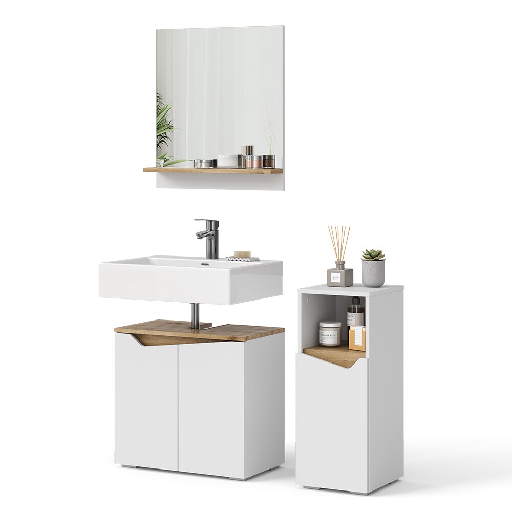 Vicco Badmöbel-Set Marelle Weiß Artisan moderne Serie Badezimmer dekorative Front Waschtischunterschrank Badspiegel Midischrank