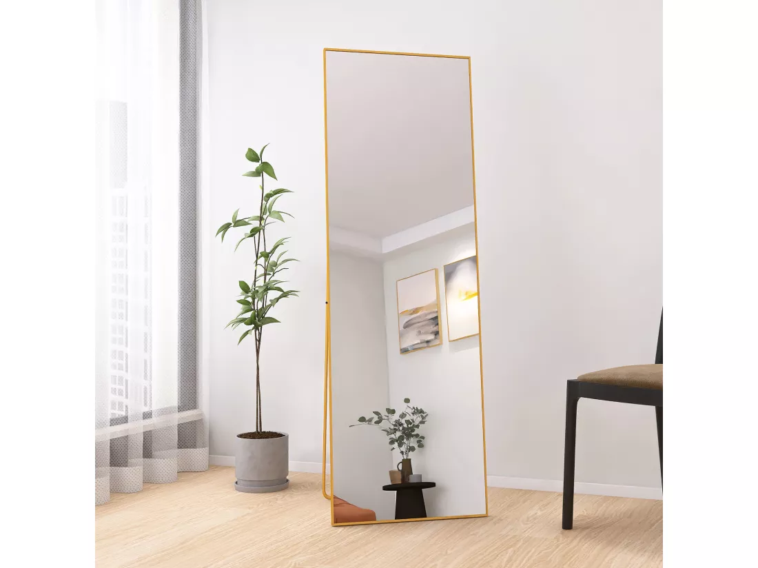 Miroir pleine longueur 162 x 53 cm, sur pied, suspendu ou appuyé, grand miroir de sol avec cadre en alliage d'aluminium doré pour salon ou chambre à coucher, rectangulaire