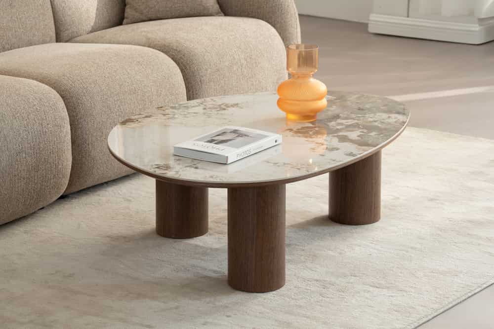 Stilvoller Couchtisch ORGANIKO 110cm weiß braun Walnuss Pandora Keramik