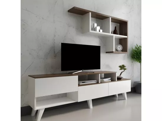 Ensemble meuble TV HAZAN 1 150 cm blanc et bois