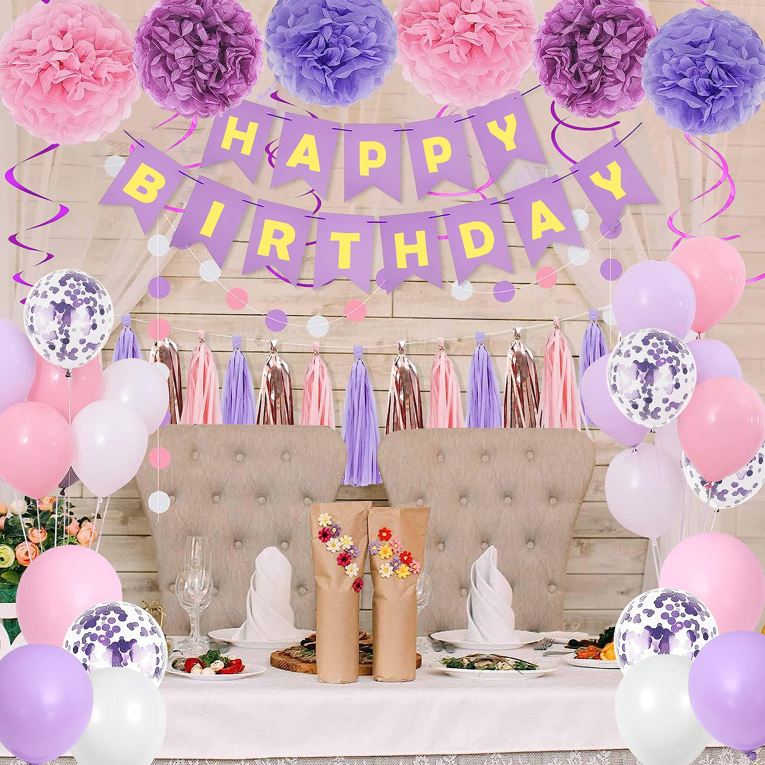 (45-tlg. Set) Happy Birthday Girlande Geburtstags Party Deko Latex Luftballons mit Konfetti / Pompon's / Spiral Girlande / Quasten - Rosa / Lila