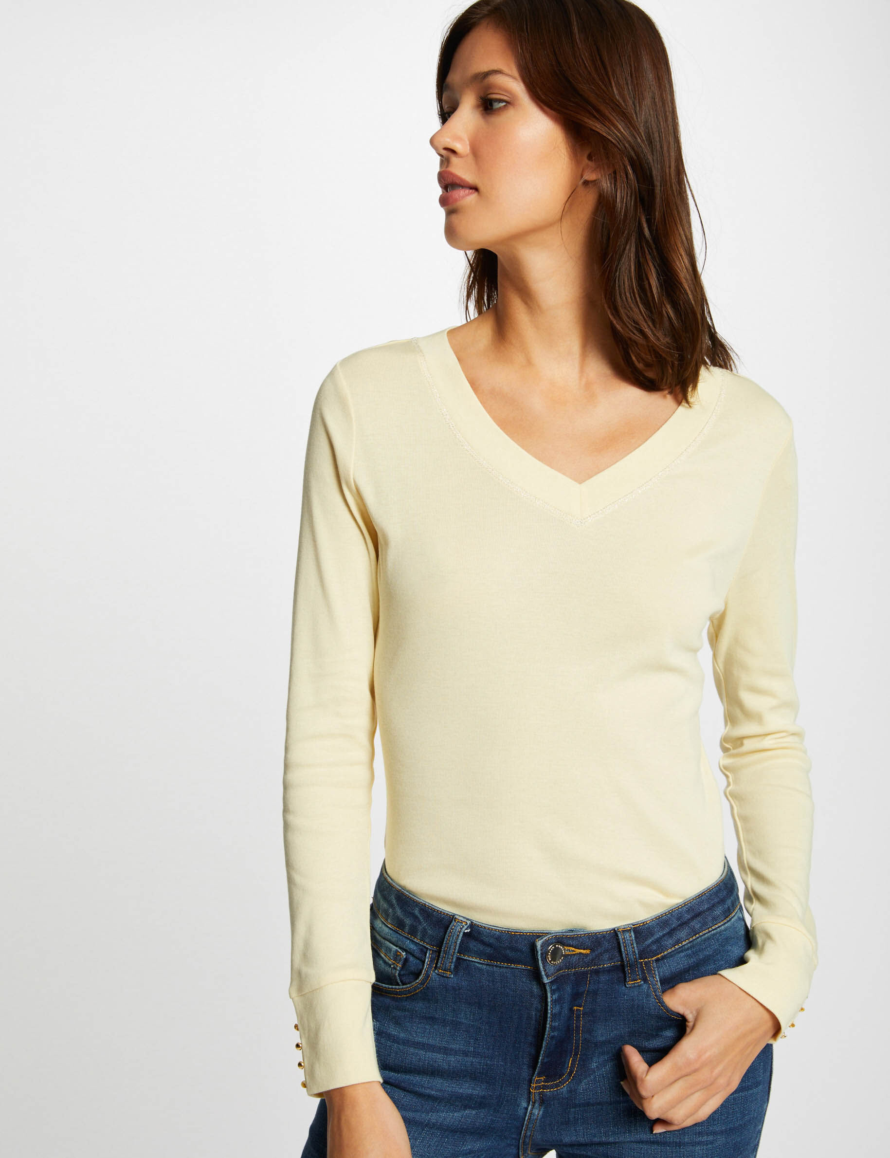 T-shirt manches longues avec col en V jaune paille femme - jaune_paille