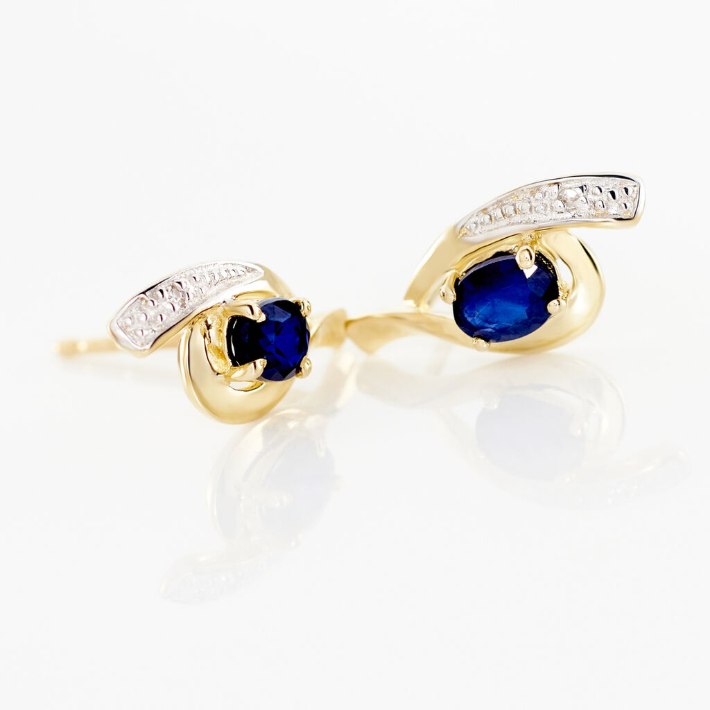 Boucles D'oreilles Puces Sagesse Or Jaune Saphir Et Diamant