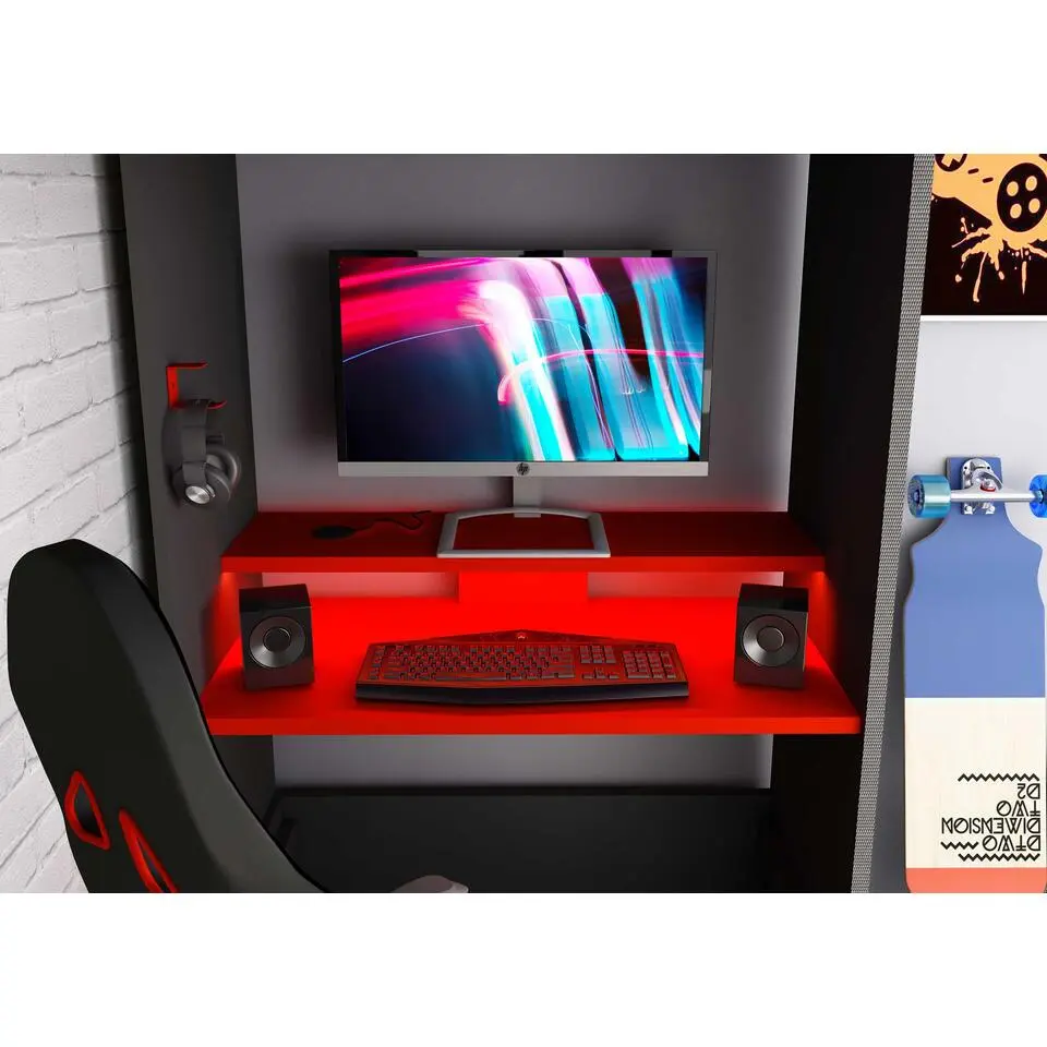 Hoogslaper Graham met gamebureau 90x200cm - antraciet/rood