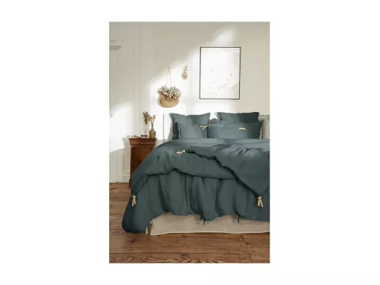 Édredon 150 x 150 cm lin lavé bleu avec 4 nouettes en jute - LUISA