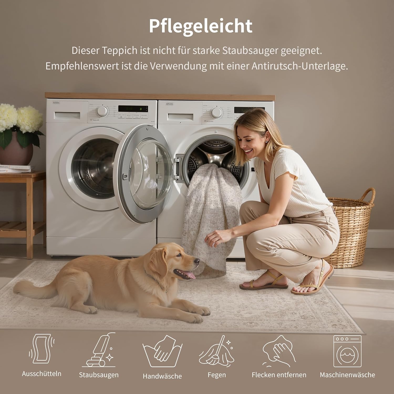 Teppich Wohnzimmer 200x300cm Waschbarer Vintage Beige Tepich for Schlafzimmer kurzflor rutschfest Weich Böhmischen Groß Retro Carpet für Küchen Esszimmer Bedroom Büro Living Room