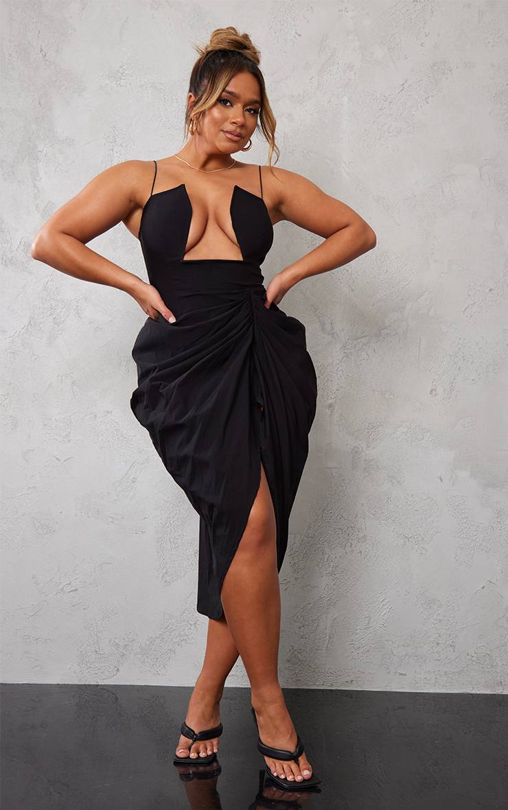 Noir Robe Mi-longue Shape En Tissu Tissé Avec Découpes Et Détails Froncés