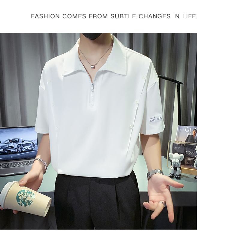 Hushgrain - Poloshirt met korte mouwen, revers en rits, effen en losvallend
