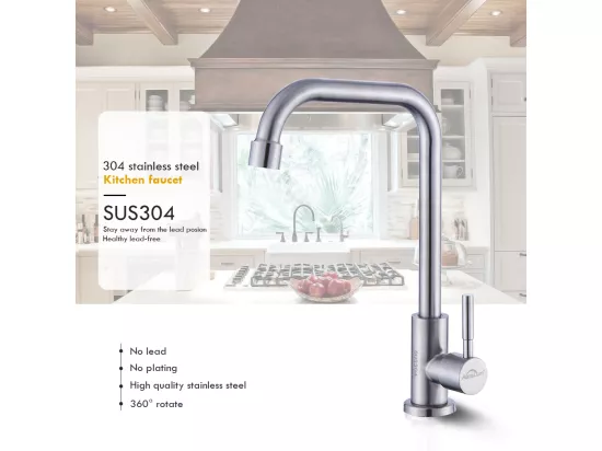 Robinet Cuisine avec Eau Froide Mitigeur Evier avec Flexible Raccordement,Pivotant à 360°, Mitigeur Cuisine avec Bec Hauteur 350 mm,Brossé
