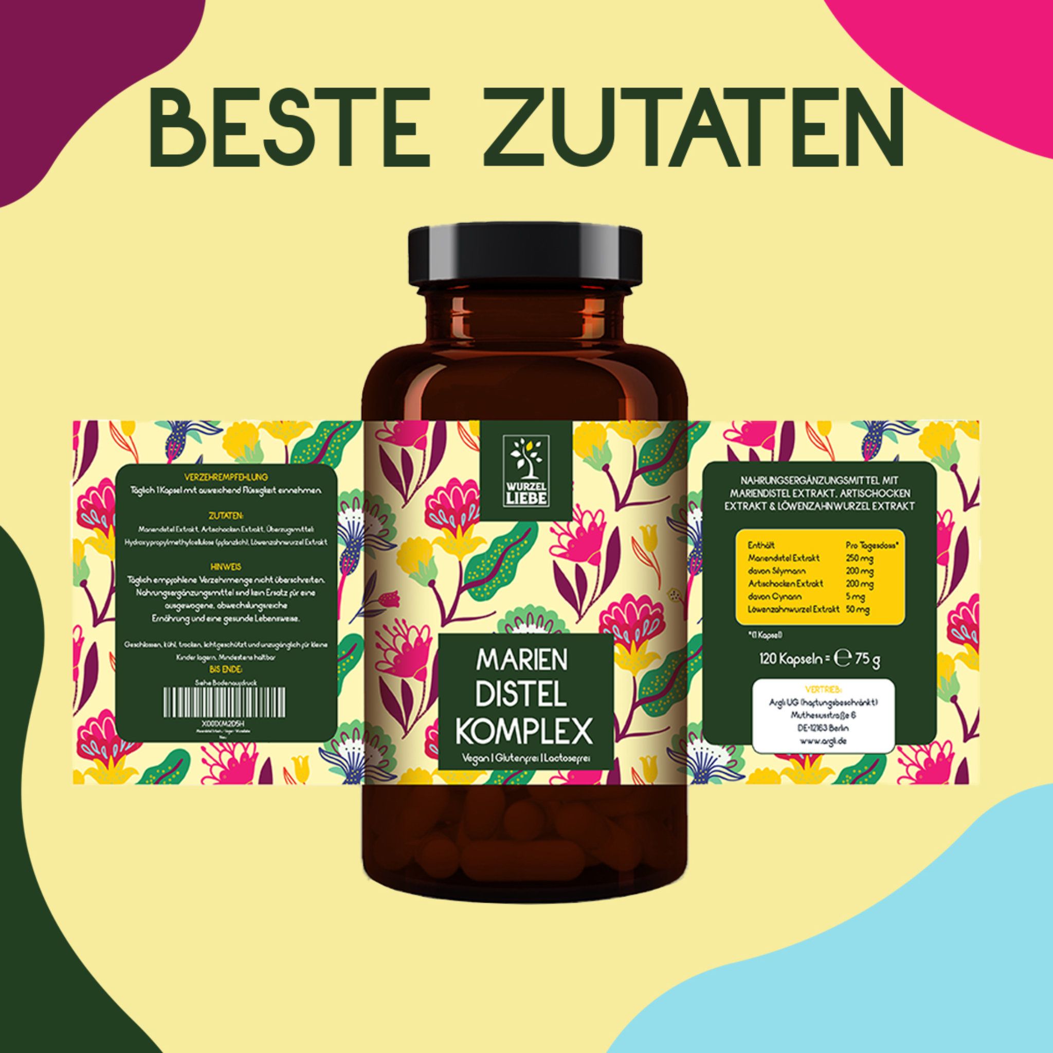 WURZELLIEBE Mariendistel Kapseln mit Artischockenextrakt & Löwenzahn mit 80% Silymarin - 120 Kapseln