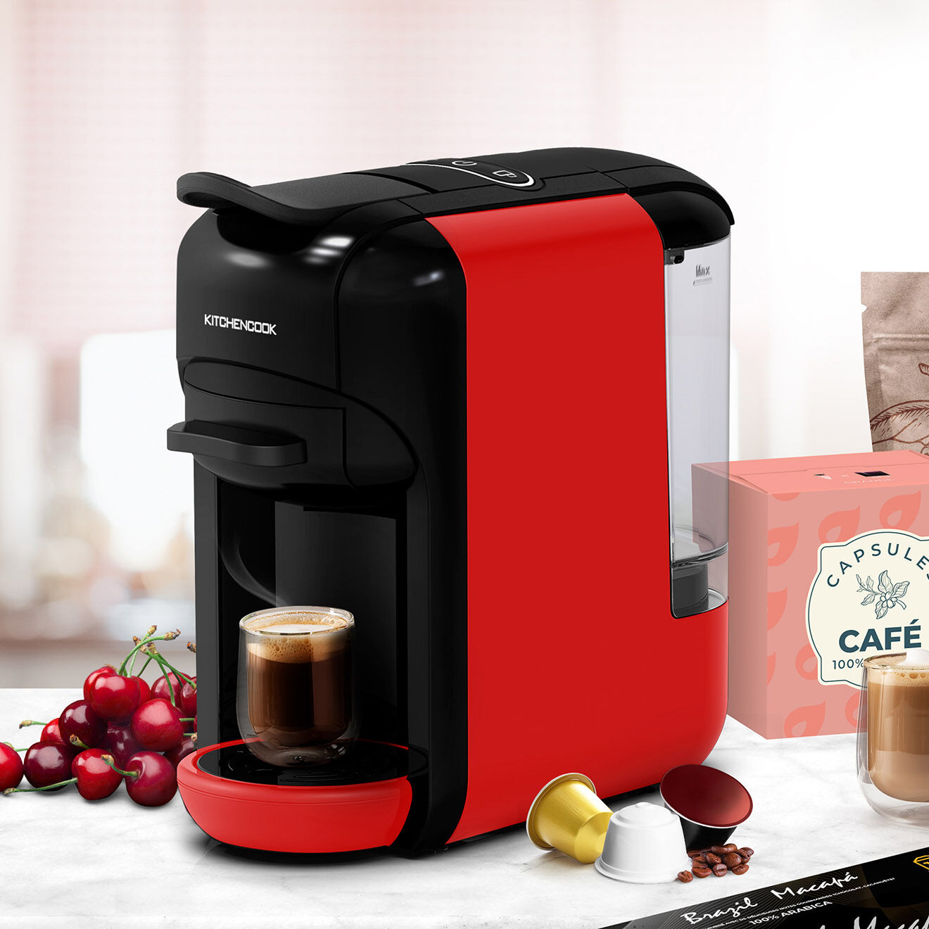 Kitchencook Machine à café multi dosettes et café moulu noir/rouge