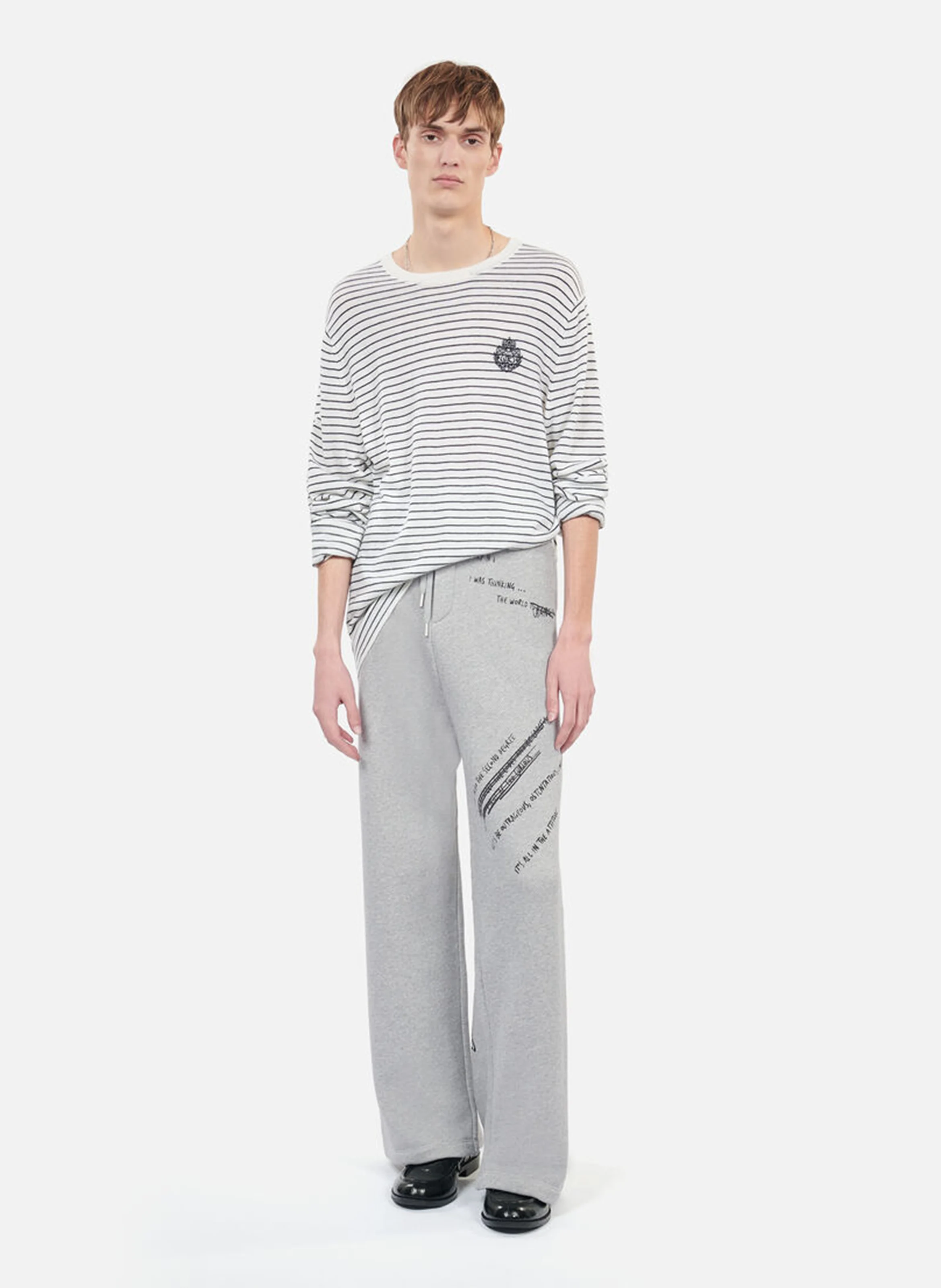 Pull col rond droit en laine et cachemire rayé | Blanc