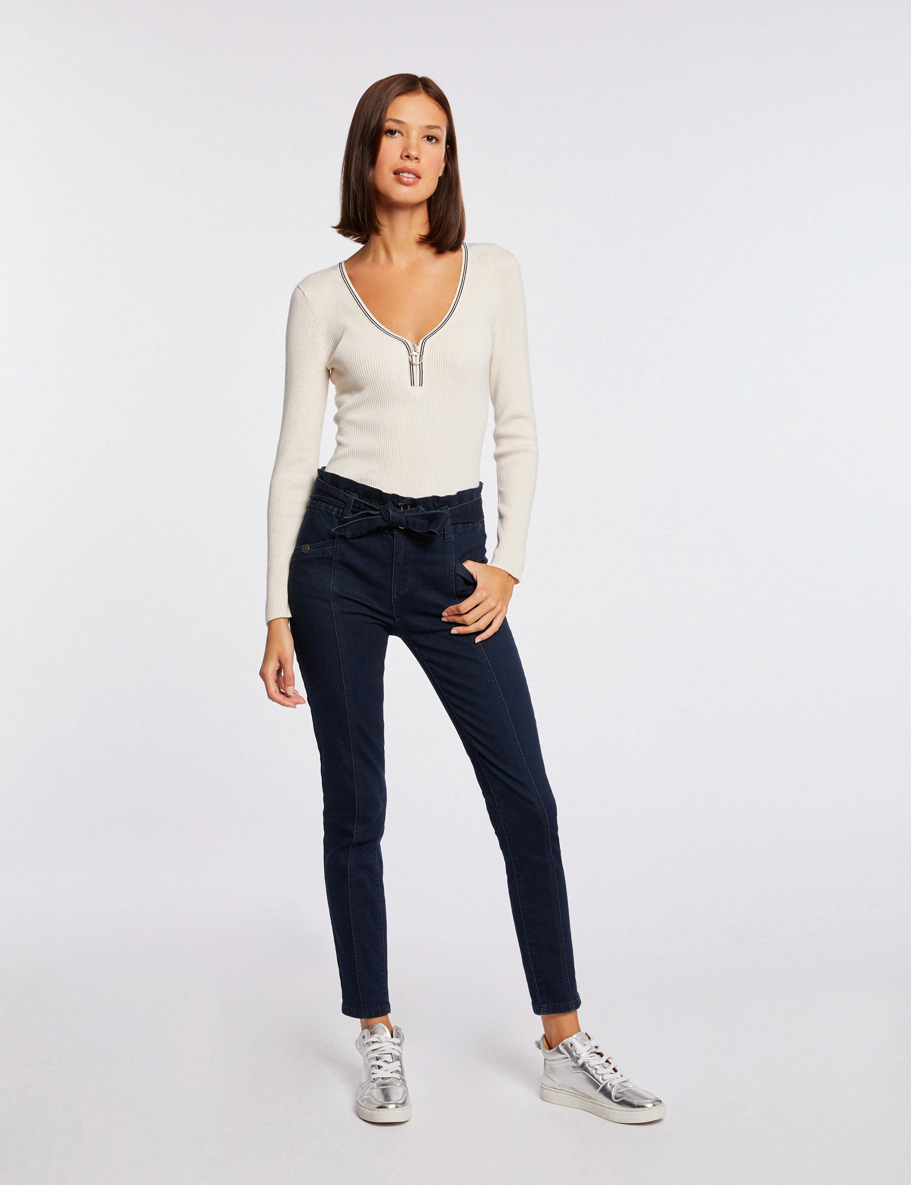 Pull manches longues à col en V ivoire femme - ivoire
