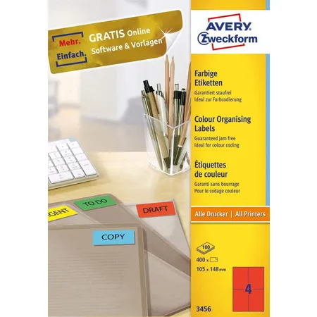 Avery Zweckform 3456 Farbige Etiketten,A4 105 x 148 mm, 100 Bogen/400 Etiketten, rot
