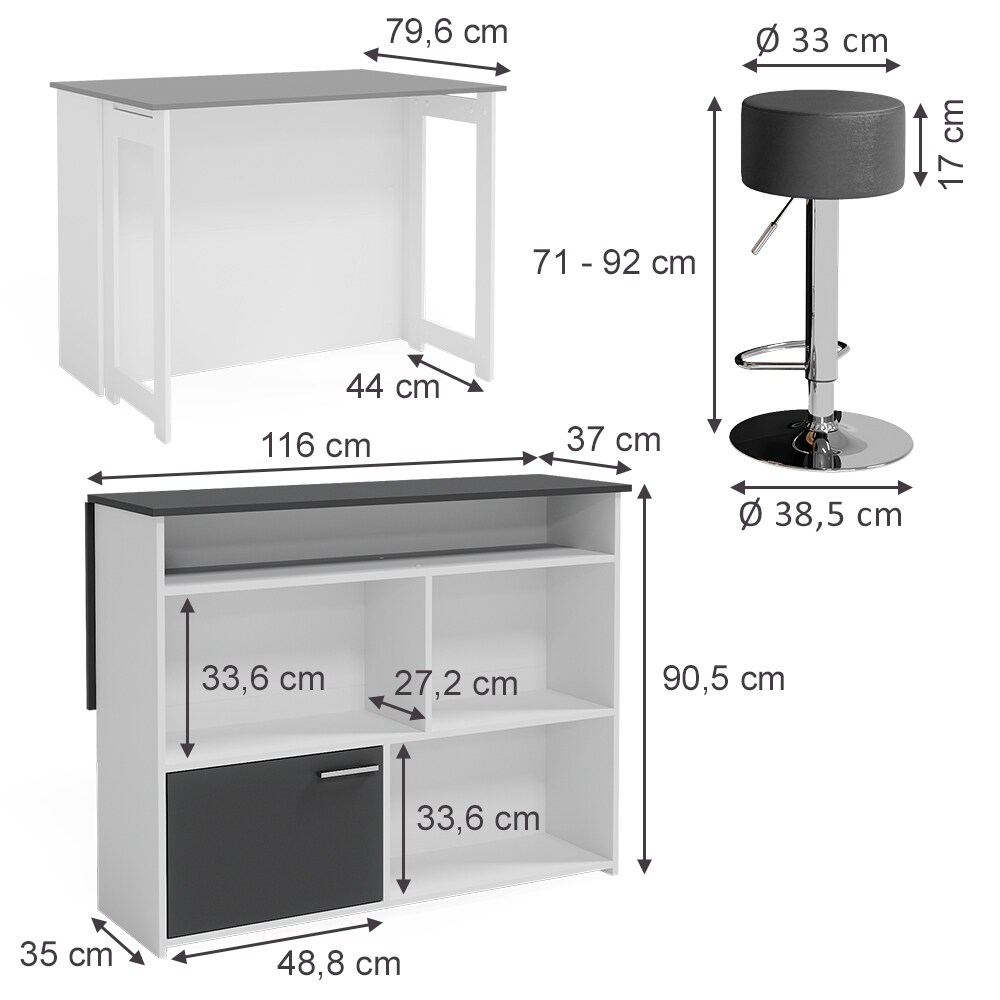 Vicco Bartisch Dominic Weiß Anthrazit 116 x 37 cm Barhocker Esszimmer Küche offene Fächer Tür