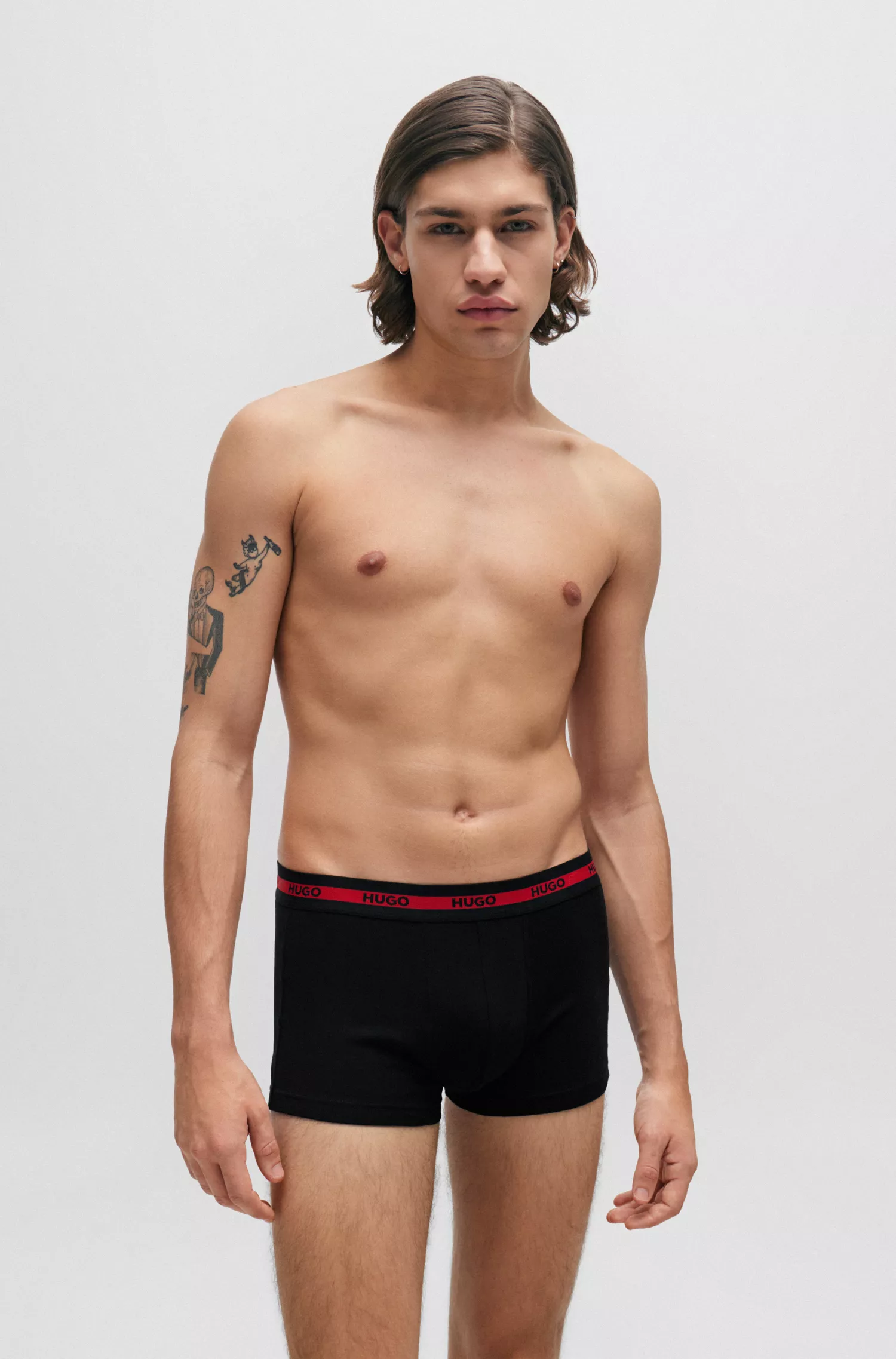 HUGO Vermelho - Pacote com três cuecas boxer de algodão elástico com cós com o logotipo.