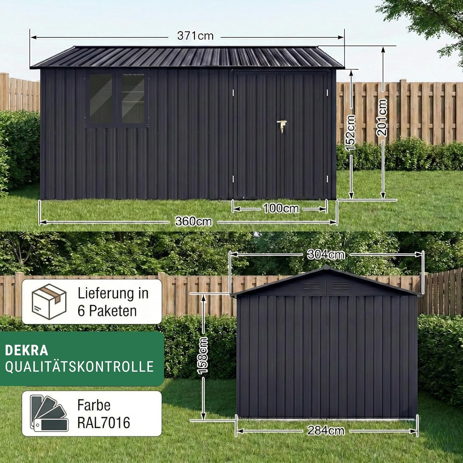 Albatros Gerätehaus 3XL | Anthrazit RAL 7016 | 371x304x201cm (22,6m³) | abschließbar inkl. Schloss & Werkzeughaken | Gartenhaus aus verzinktem wetterfestem Metall | Geräteschuppen Gartenschrank
