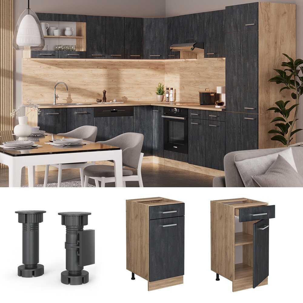 Vicco Schubunterschrank R-Line Schwarz Beton Eiche 40 cm mit Arbeitsplatte Anthrazit