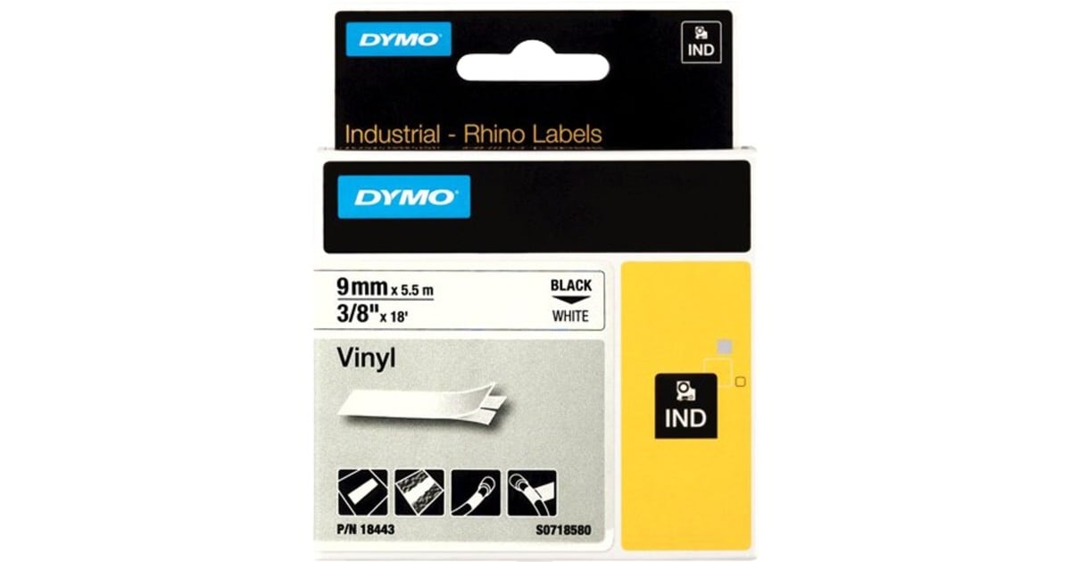 DymoIND vinyllabels 9mm x 5,5m printlint  (18443, Zwart op wit)