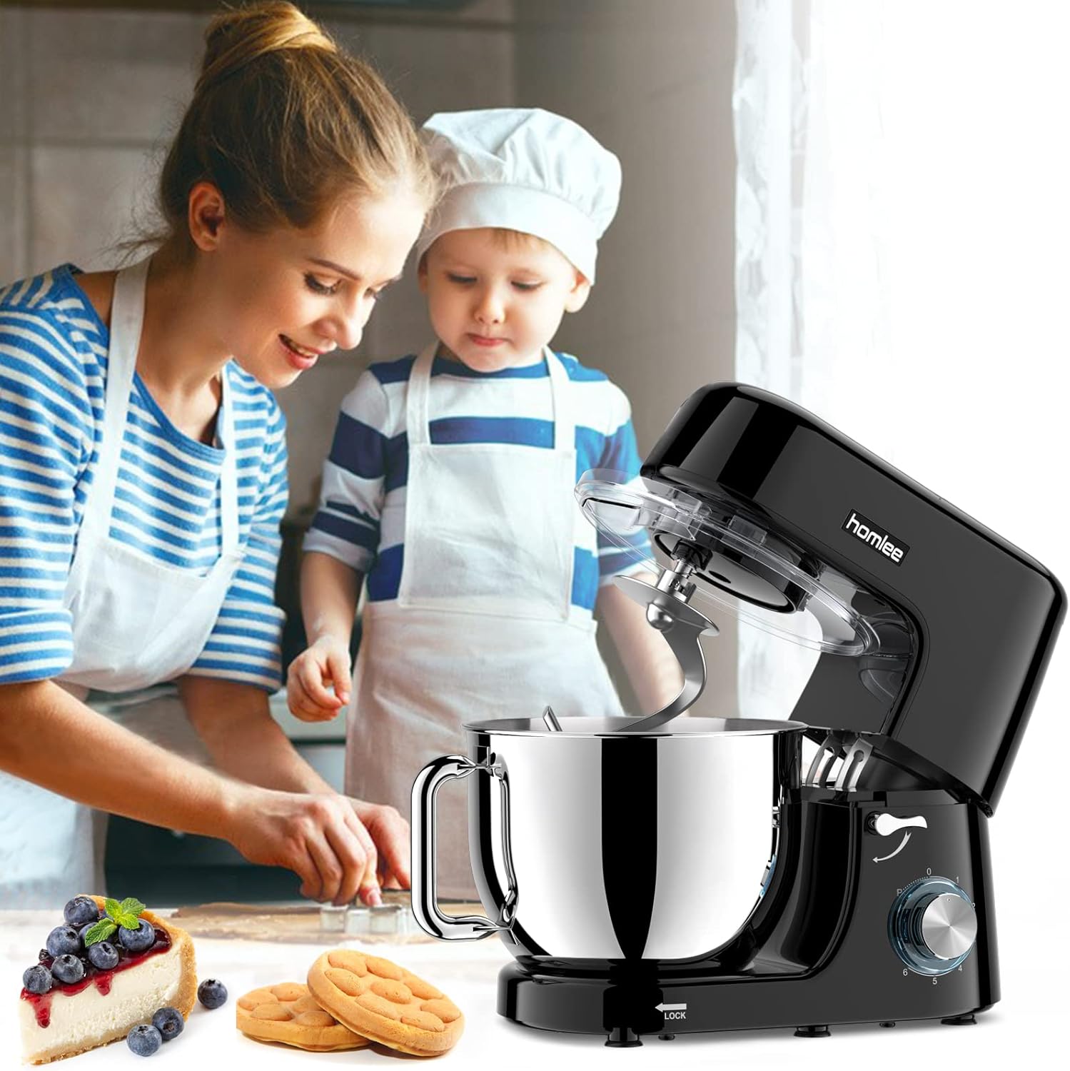Robot Patissier Homlee 1800W 7,2L Professionnel Robot Ptissier Petrin Multifonctions Robot Cuisine Faible Bruit Batteur sur Socle avec Bol en Acier Inoxydable,Fouet,Batteur,Crochet,6 Vitesses