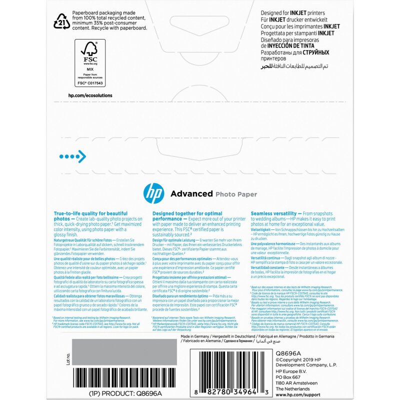 HP Papier photo Advanced, brillant, 250 g/m2, 13 x 18 cm (127 x 178 mm), 25 feuilles
