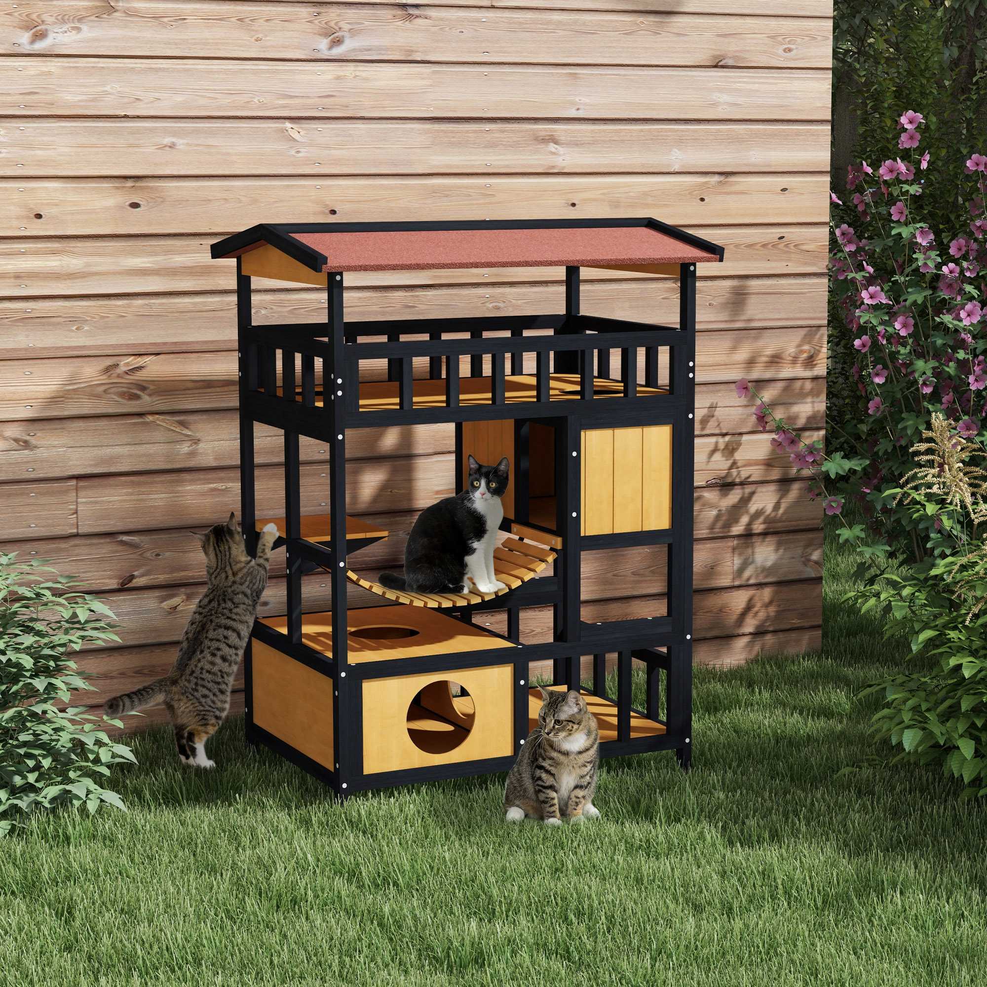 Casinha de madeira para gatos PawHut, 84x60x116 cm, com 4 níveis, ponte suspensa, varanda e telhado de asfalto natural.