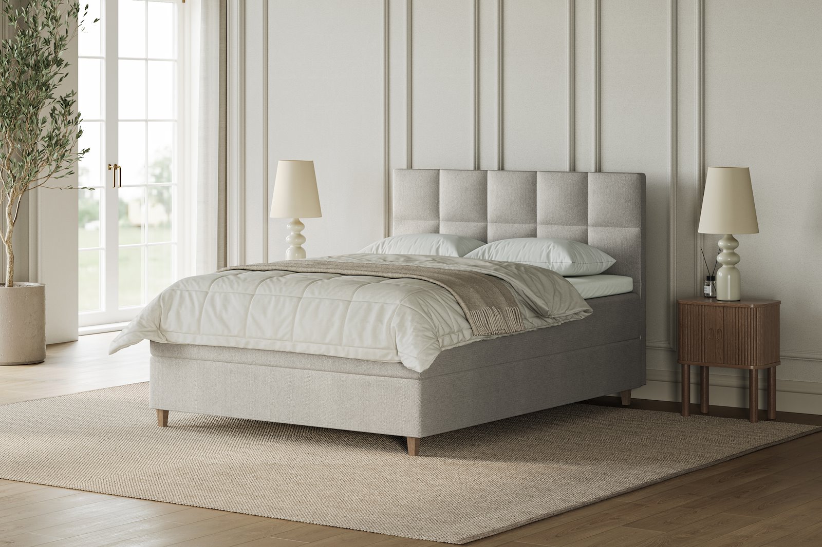 XOV Venus Kontinentalseng 180x200 cm i tekstil Terranova 08 krem, medium/fast med Premium 15 overmadrass og sort firkantede ben, gavl selges separate