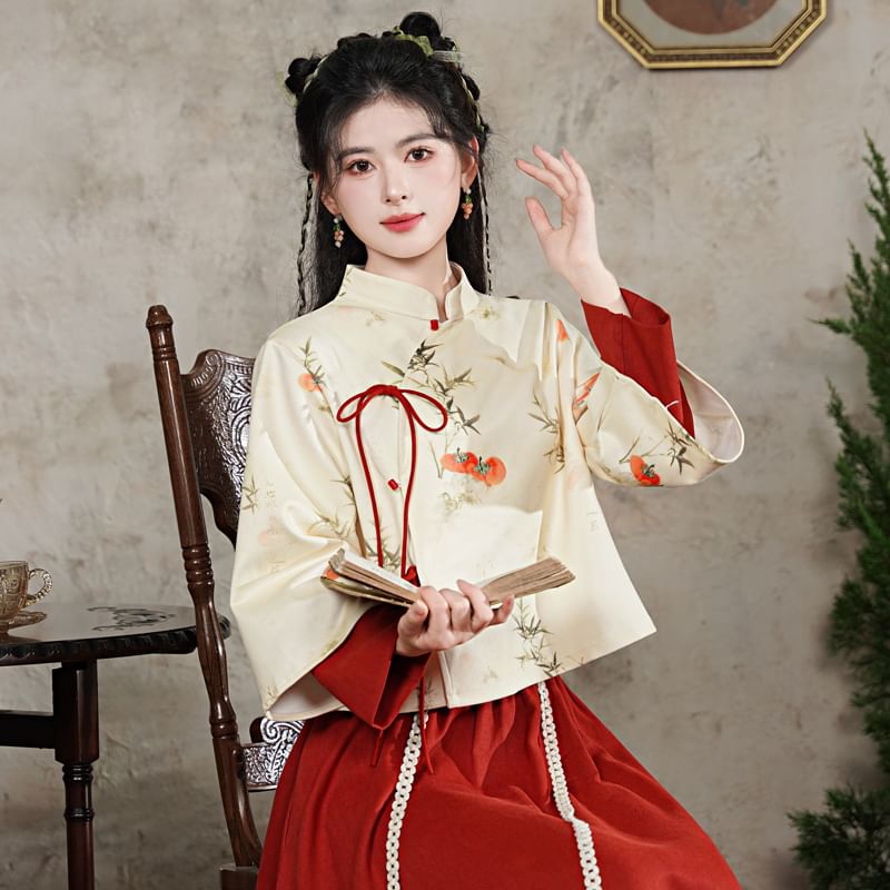 Fioridi - Hanfu-top met lange mouwen en bloemenprint en strik / Hoge taille effen midi-A-lijn rok