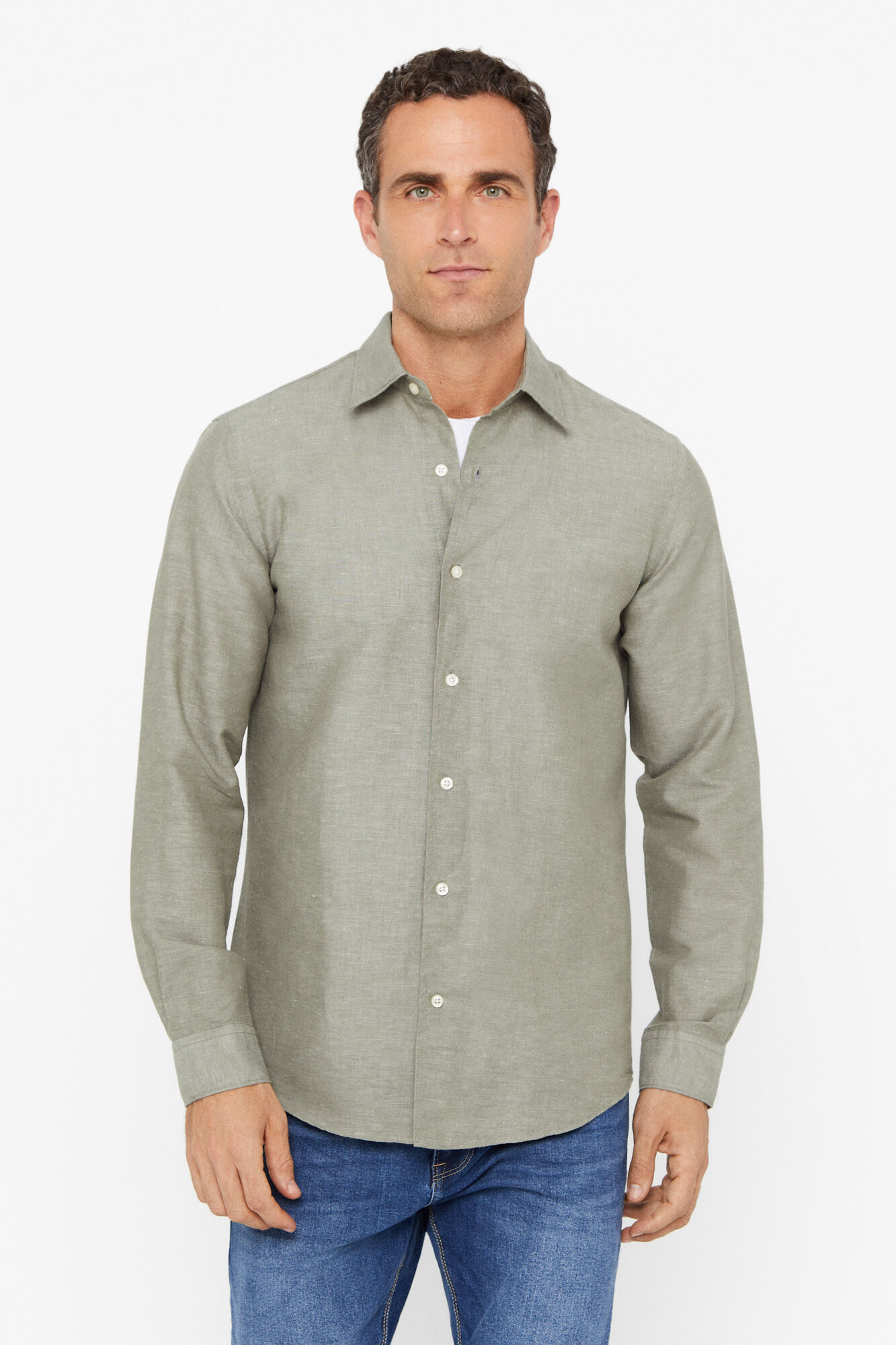 Camisa lisa de linho e algodão - Cáqui
