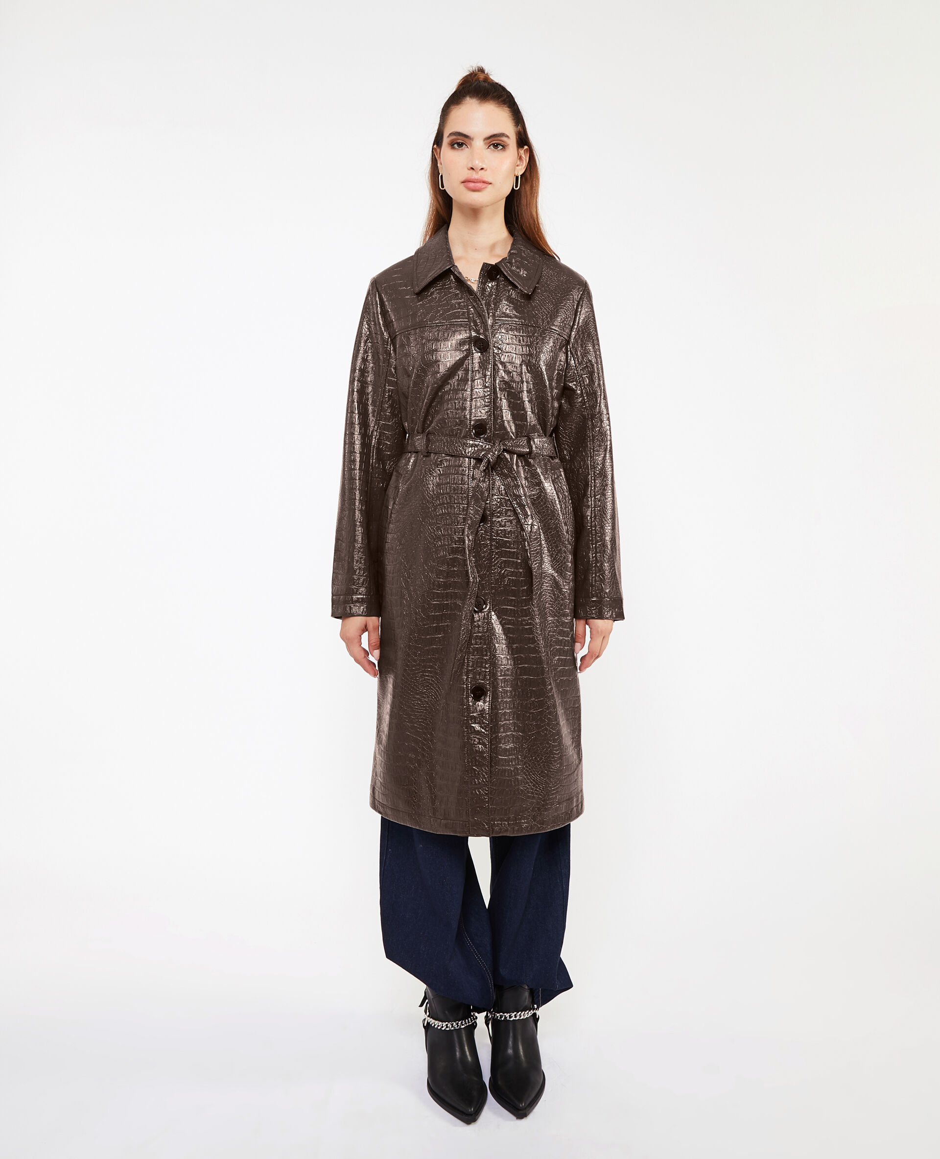 Manteau ceinturé effet croco - Marron