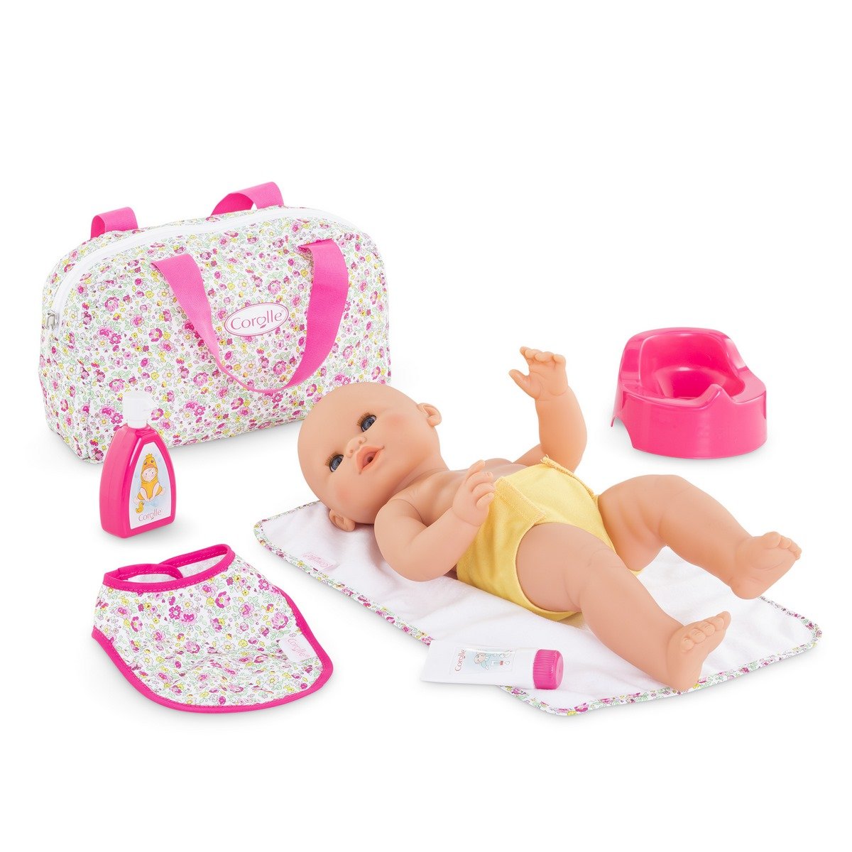 Coffret accessoires à langer fleuri pour grand poupon 36 cm