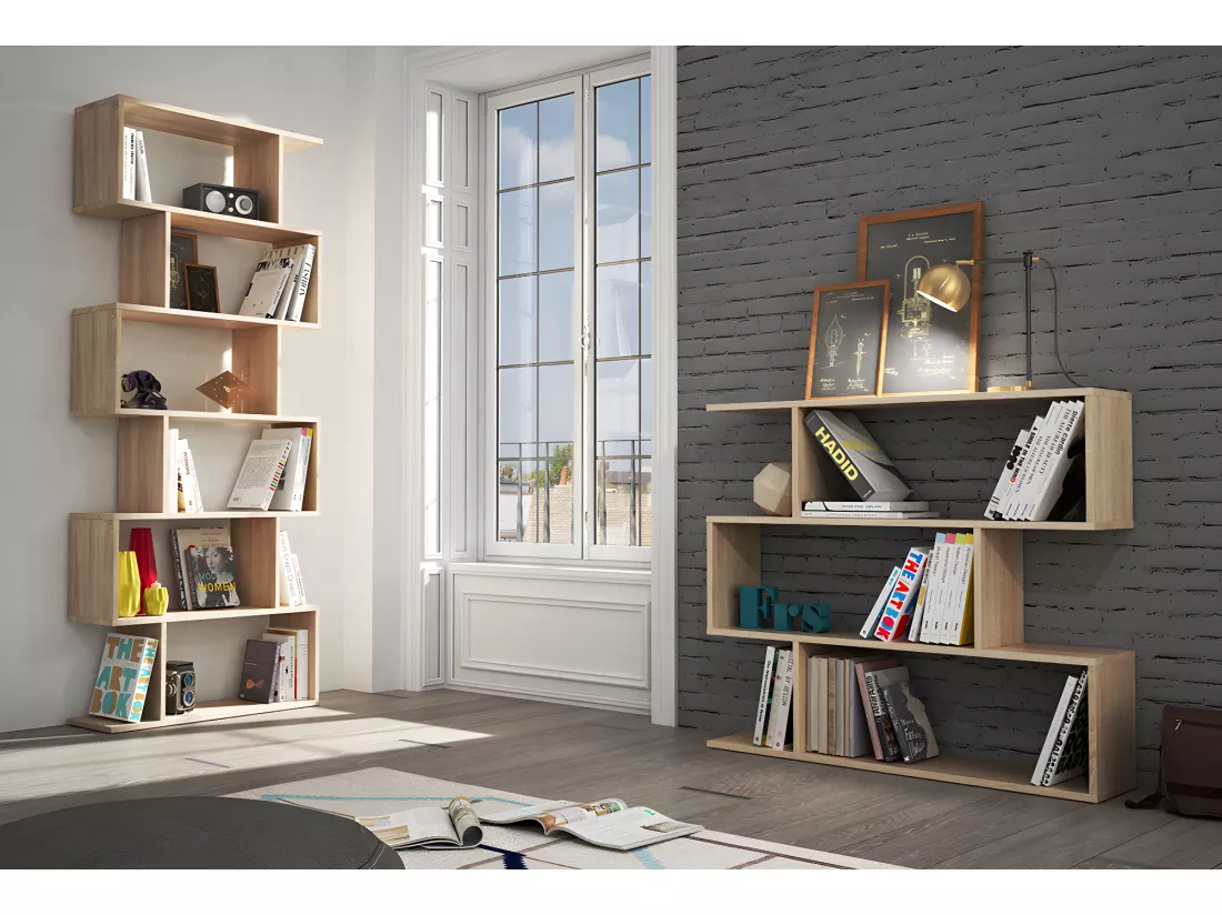 Bibliothèque, étagère basse 3 niveaux en bois mélaminé chêne - Longueur 110 x Profondeur 24 x Hauteur 97 cm