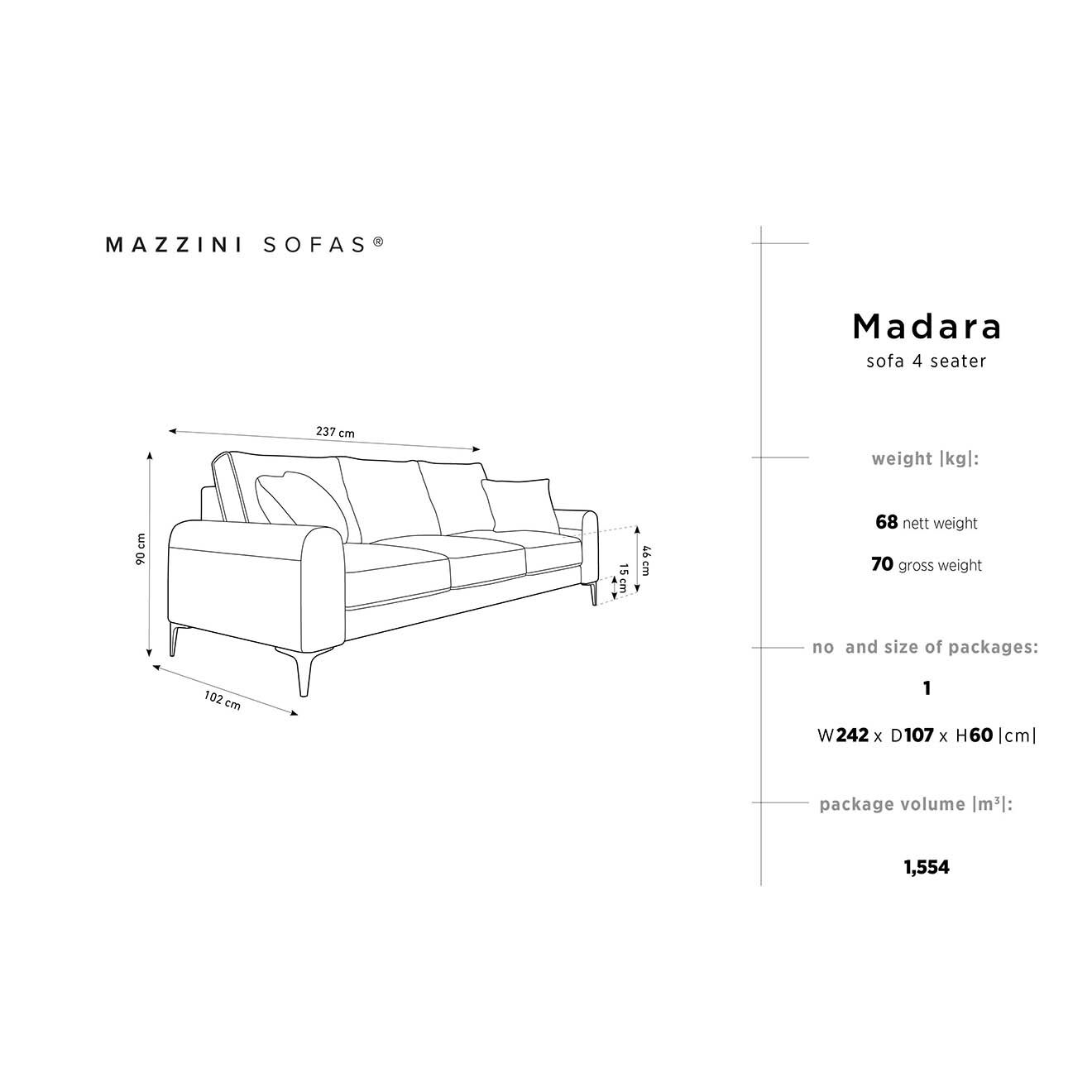 Mazzini Sofas Canapé 4 places Madara beige clair - 237x102x90 cm