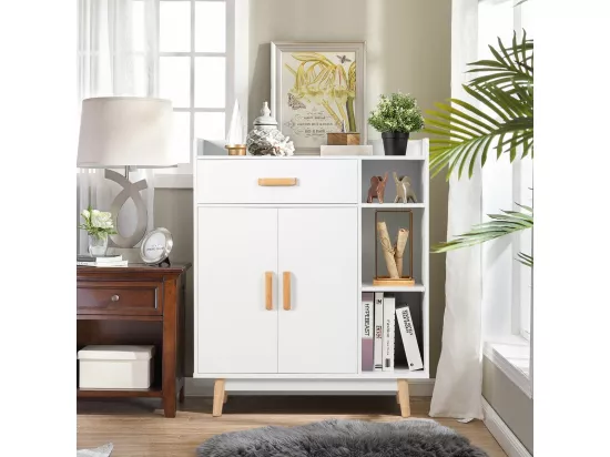 Meuble de Rangement avec 1 Tiroir, 2 Portes, 3 Etagères et 4 Pieds, Armoire à Deux Portes, 3 étagères, Buffet Multifonctionnel, Pieds en Bois