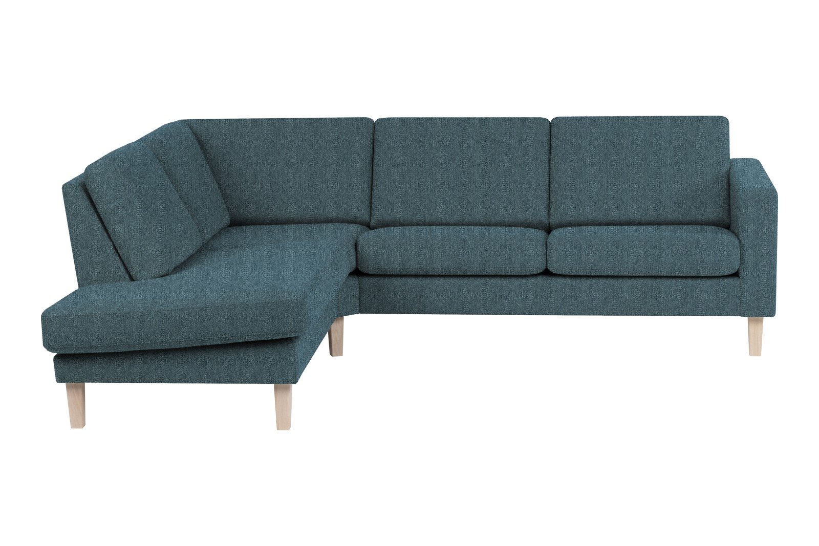 Slogen hjørnesofa Oppsett AV. 2,5-seter med åpen ende venstre. Tekstil Viva Blue med standard ryggpute. Vange B og hvitpigmentert ben 178.