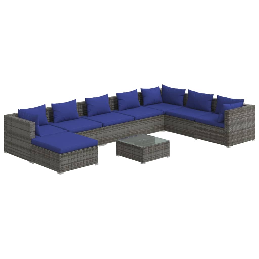 Salon de jardin meuble d'extérieur ensemble de mobilier 9 pièces avec coussins résine tressée gris