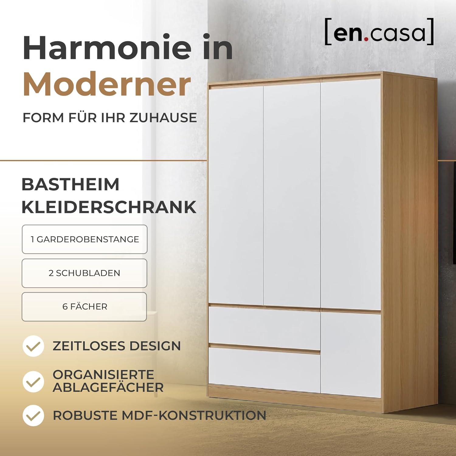 [en.casa] Kleiderschrank Bastheim Schrank mit 4 Türen Garderobenschrank 176 x 120 x 52 cm Schlafzimmerschrank mit 1 Kleiderstange 6 Fächern und 2 Schubladen Eicheoptik/Weiß