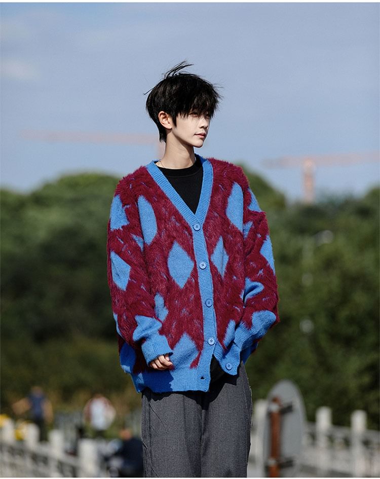 Whyessa - V-hals Argyle Fluffy Cardigan