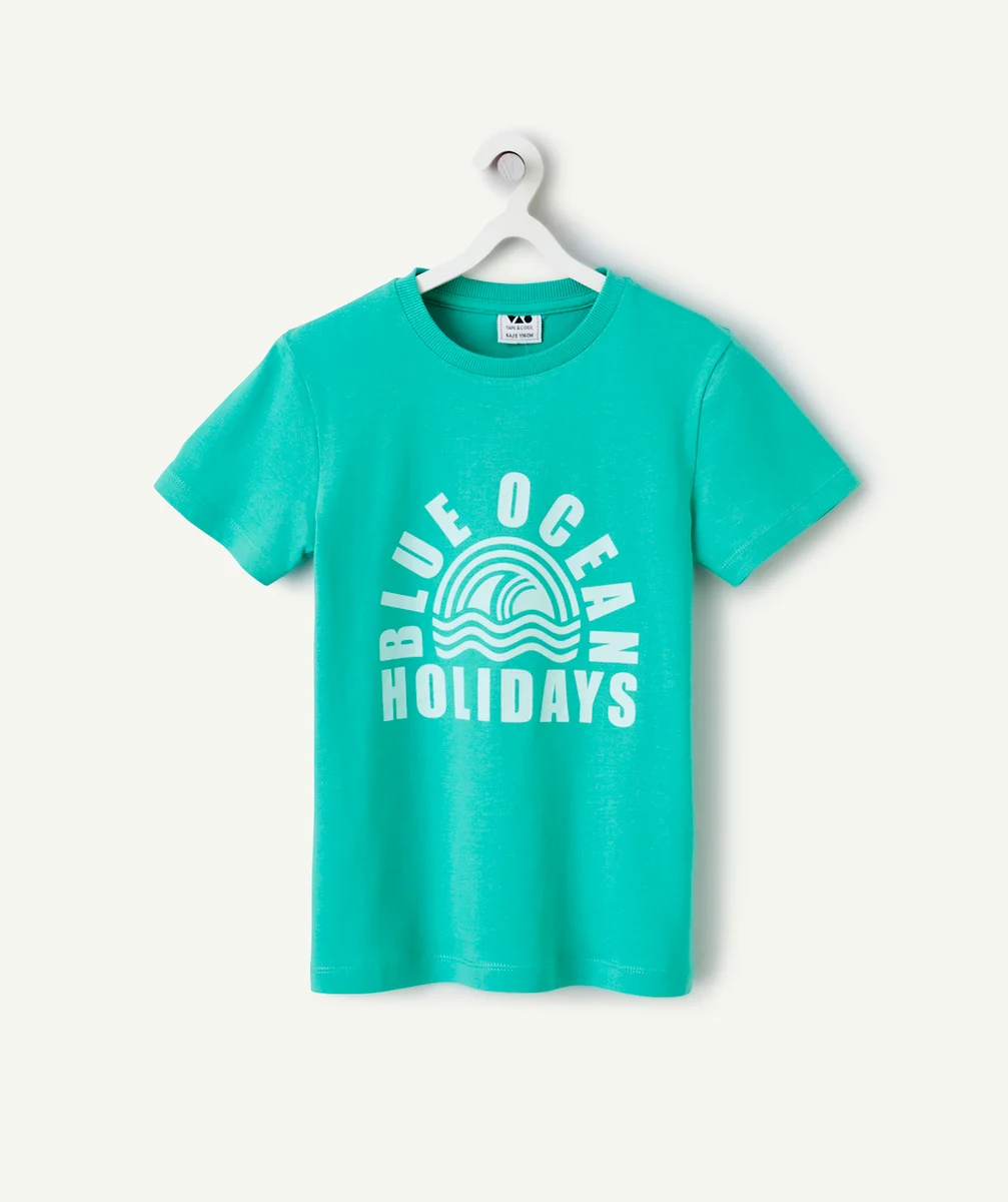 T-SHIRT MANCHES COURTES GARÇON EN COTON BIO VERT AVEC MOTIF OCÉAN
